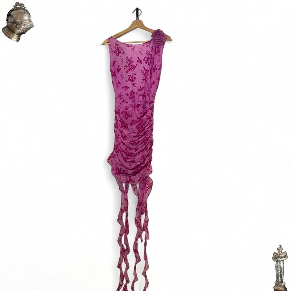 Iconic Miss Circle New York pink ruched burnout velvet flocked floral dress